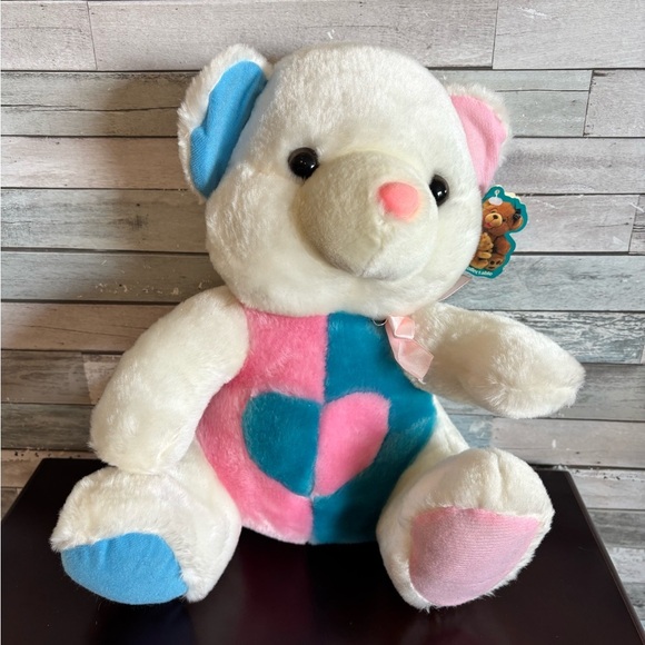 NYTE’s Collectable Teddy Bear Plush Stuffed Animal 11” White Pink Blue Heart Vtg - Picture 1 of 11